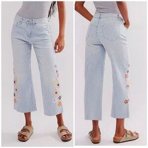 Free People Blue Striped Flare Jeans with Floral Embroidery